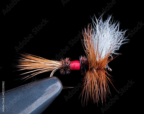 Famous dry fly called a Royal Wulff on a black background