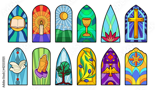 Stained glass vector cartoon icon set . Collection vector illustration window church on white background. Isolated cartoon icon set stained glass for web design.