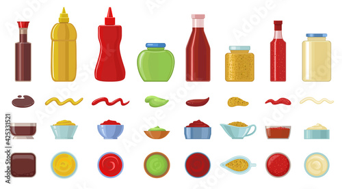 Sauce vector cartoon icon set . Collection vector illustration ketchup on white background. Isolated cartoon icon set sauce for web design.