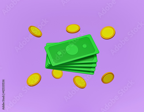 cartoon style cash and floating coins. minimal money sign. 3d rendering