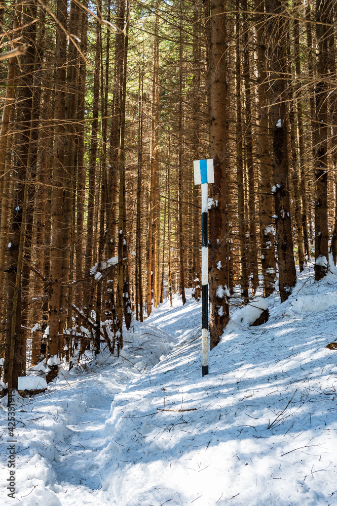 Signpost of a snowy hiking trail in Romanian Carpathian mountains in winter