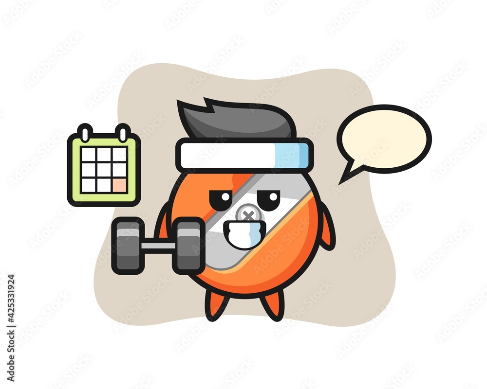 pencil sharpener mascot cartoon doing fitness with dumbbell