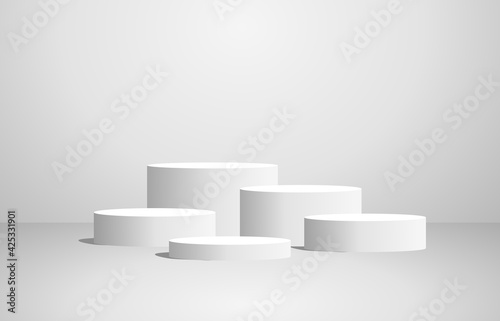 Podium or 3D round pillar stand scene and winner pedestal in studio on gray or white background.vector illustration.
