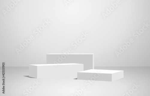 Podium  geometry shape stand scene and winner pedestal in studio on gray or white background.vector illustration.