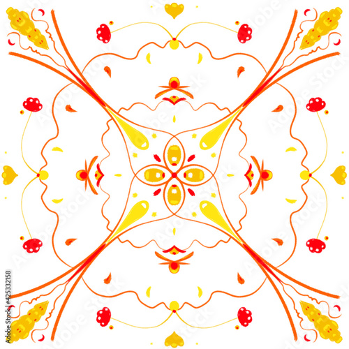 Orange botanical mandala on white background. Vintage pattern with ethnic ornament, red flowers and orange spikelets. For decor, textiles, fabrics, packaging, wrapping, prints