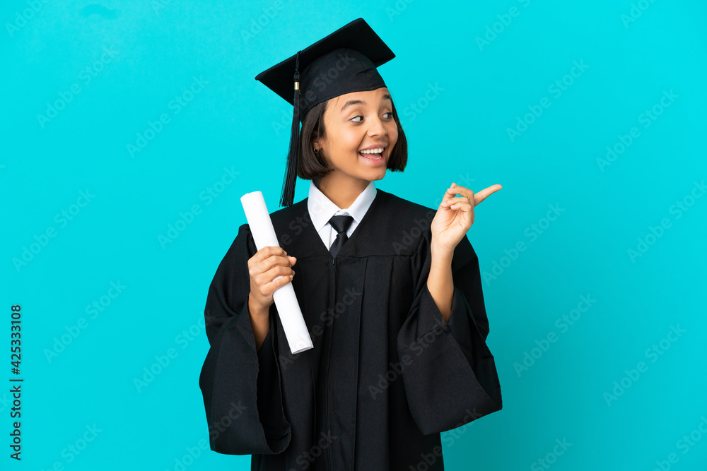 Young university graduate girl over isolated blue background intending to realizes the solution while lifting a finger up