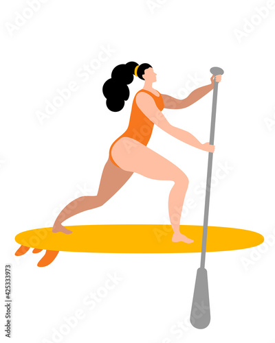 A girl in a swimsuit with a paddle stands on a surfboard. Isolated vector illustration in a flat style.