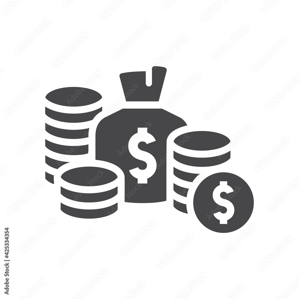 Money bag with coin stack vector icon. Wealth black symbol, dollar, coins. Money bag with coin stack vector icon. Wealth black symbol, dollar, coins.