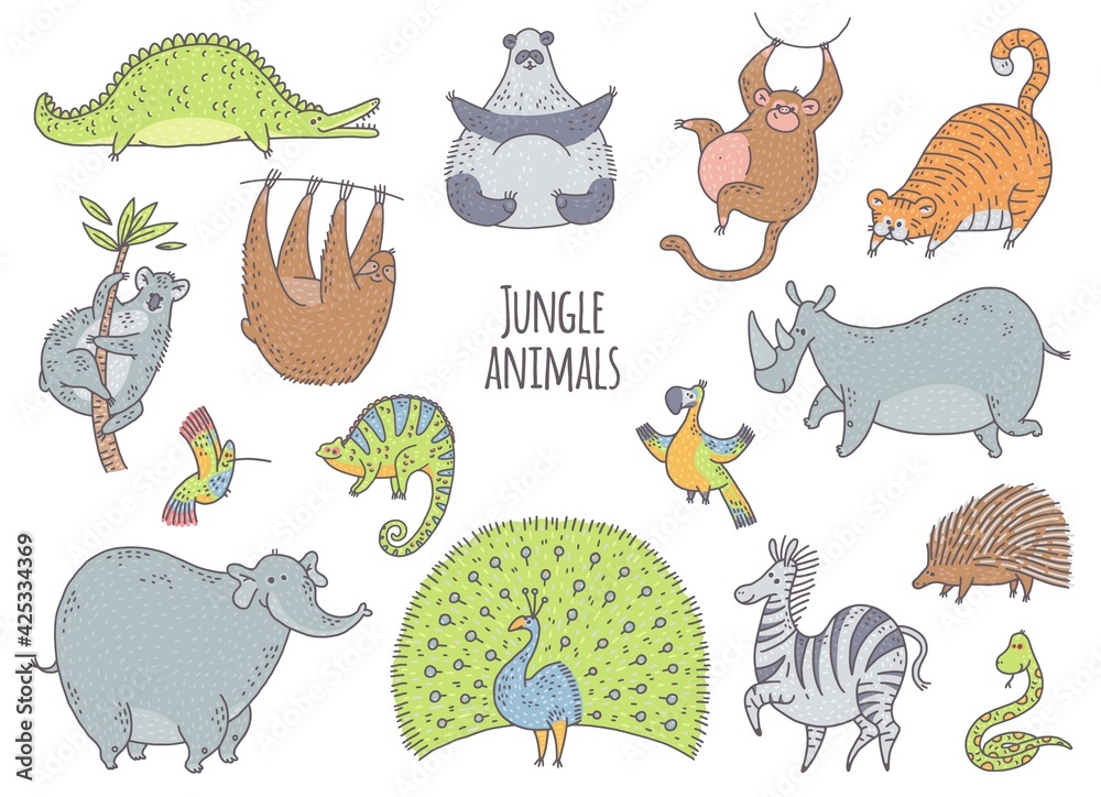Fototapeta premium Jungle cute animals set with panda, monkey, parrot, koala, chameleon. Vector characters illustration on white background for sticker, postcard.
