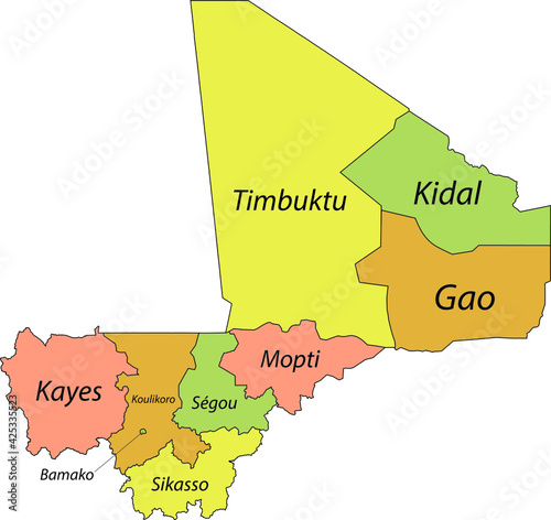 Pastel vector map of the Republic of Mali with black borders and names of its regions