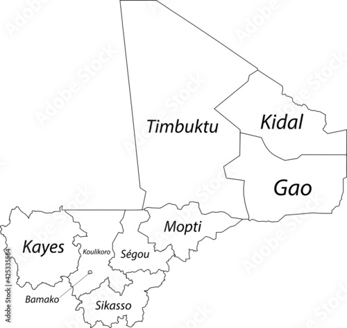 White vector map of the Republic of Mali with black borders and names of its regions