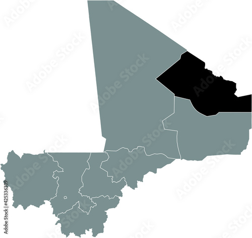 Black highlighted location map of the Malian Kidal region inside gray map of the Republic of Mali