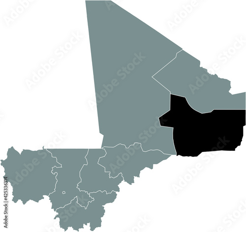 Black highlighted location map of the Malian Gao region inside gray map of the Republic of Mali