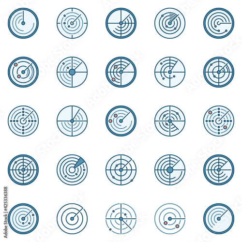 Radar round colored icons vector set. Sonar creative signs