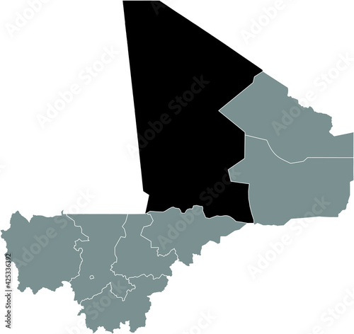 Black highlighted location map of the Malian Tombouctou (Timbuktu) region inside gray map of the Republic of Mali