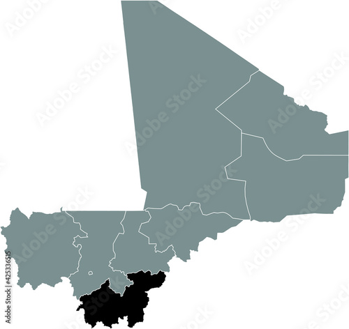 Black highlighted location map of the Malian Sikasso region inside gray map of the Republic of Mali