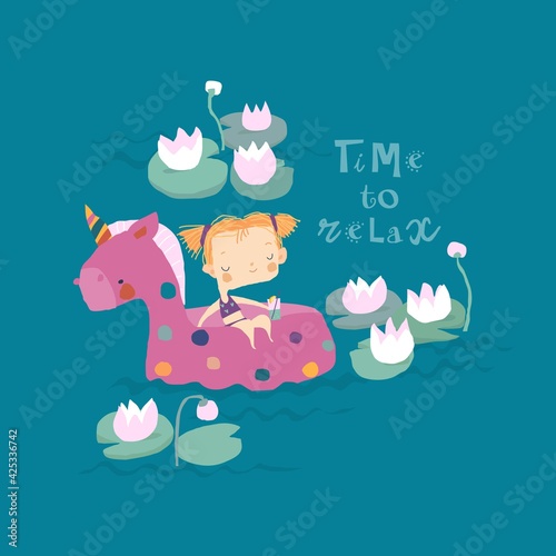 Little cute girl is relaxing in a big swimming circle in the form of unicorn
