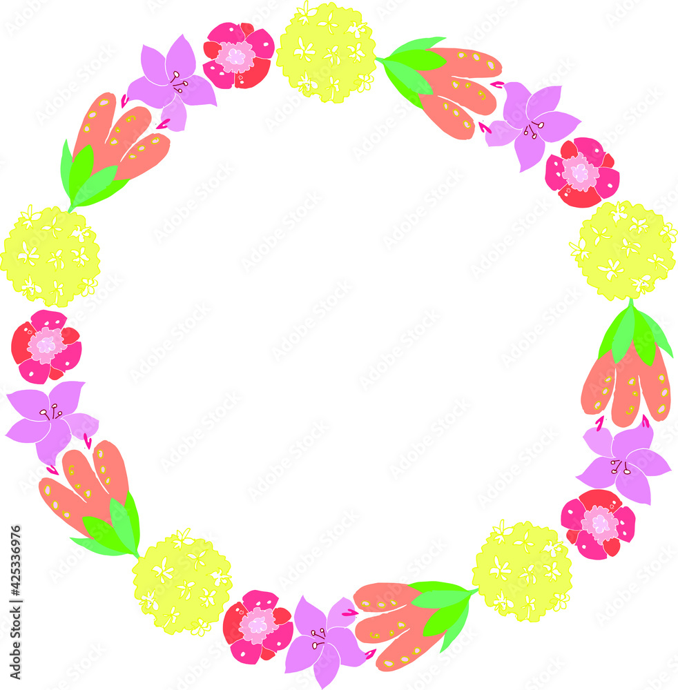 Round floral frame with vector summer or spring flowers - bells, tulips, poppies. There is room for text. hand-drawn elements for the design of stylish cards, invitations, cosmetics and interior decor Round floral frame with vector summer or spring flowers - bells, tulips, poppies. There is room for text. hand-drawn elements for the design of stylish cards, invitations, cosmetics and interior decor
