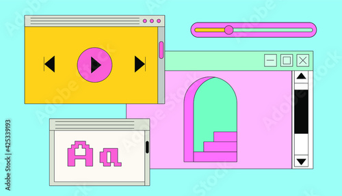 Set of retro user interface tabs and icons. Screen panels and dialog boxes of computer software.