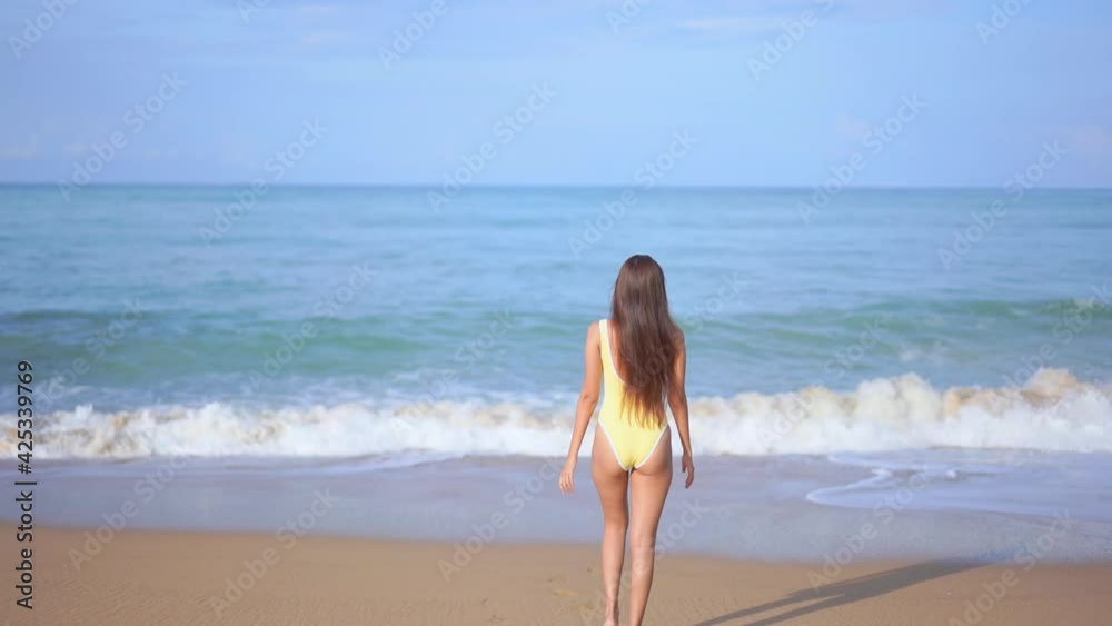 Beautiful Woman Walking on Secluded Tropical Beach, Rear View SLOMO Beautiful Woman Walking on Secluded Tropical Beach, Rear View SLOMO