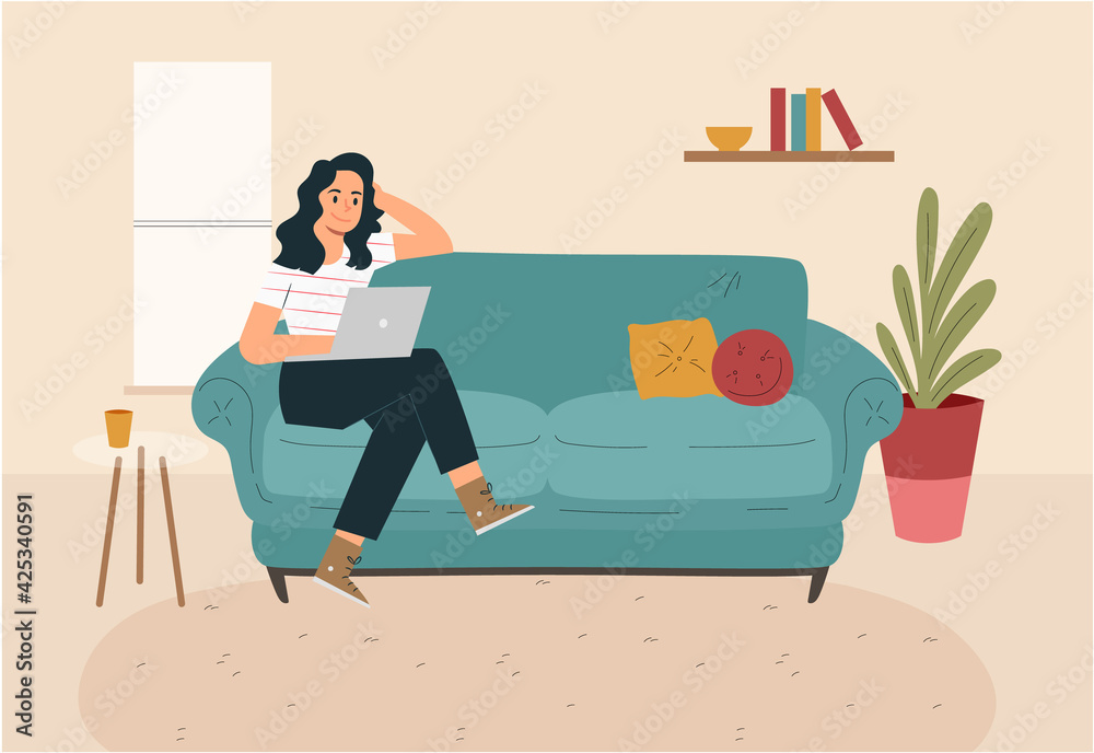 Young woman working in her sofa, illustration concept.