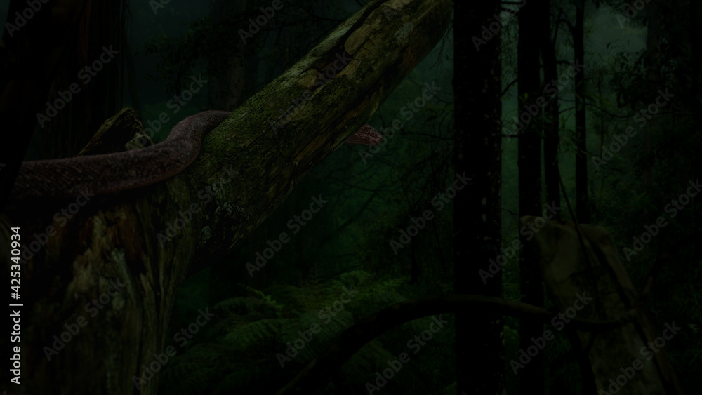 Snake slithering on big tree in jungle include alpha mask with 3d rendering.