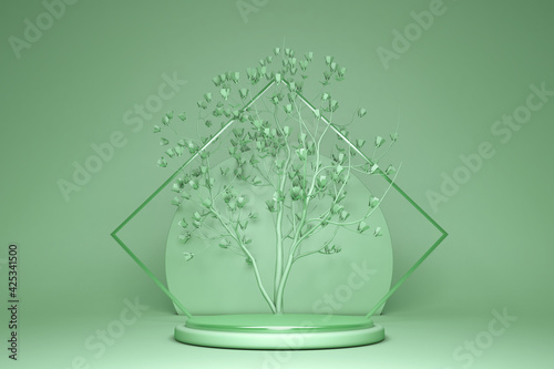 3d render, abstract green background with spring tree. Minimal geometric design. Shop showcase product display, empty podium, vacant pedestal, round stage. Blank mockup