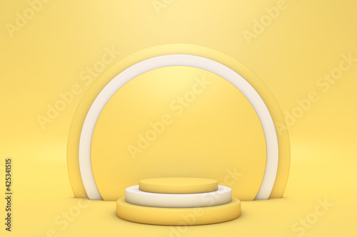 Abstract minimal 3D scene with geometrical forms. Cylinder podiums bright yellow color. Abstract background. Scene to show cosmetic podructs. Showcase, display case. 3d render.