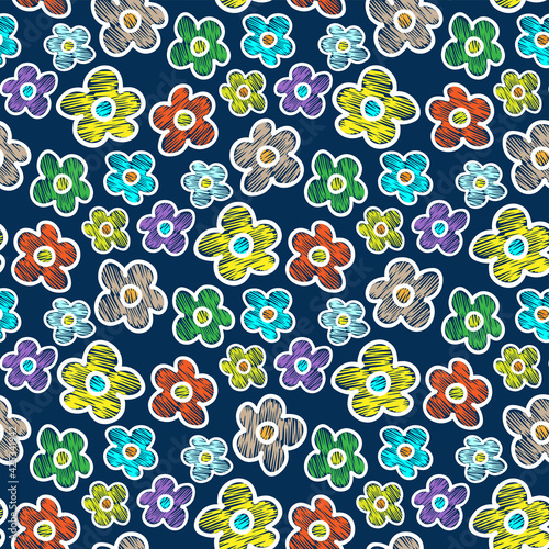 Beautiful bright multicolored chamomile flowers isolated on dark blue background. Cute floral seamless pattern. Vector simple flat graphic hand drawn illustration. Texture.
