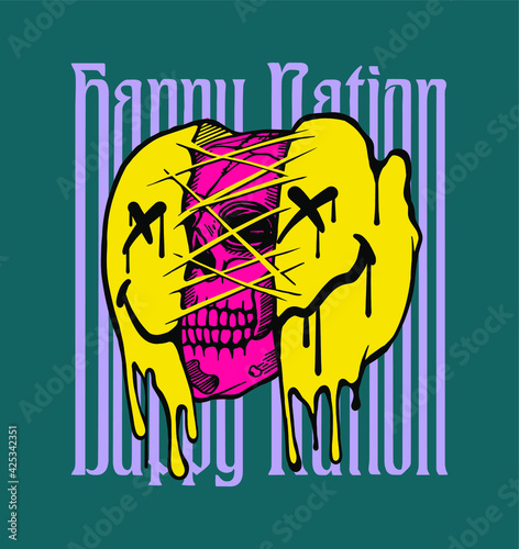 Happy nation slogan print design with ripped melting emoji and a skull illustration in street style