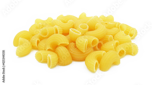 Pile of raw elbow Macaroni (Gomiti Pasta) Isolated on white background, Cut out with clipping path