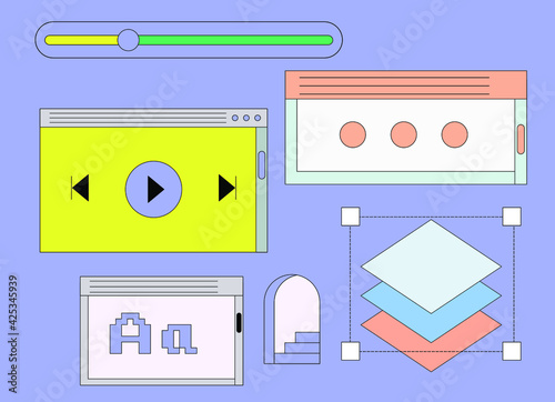 Set of retro user interface tabs and icons. Screen panels and dialog boxes of computer software.