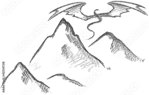 Hand pencil drawn dragon above the mountain. Fantasy map creator. photo