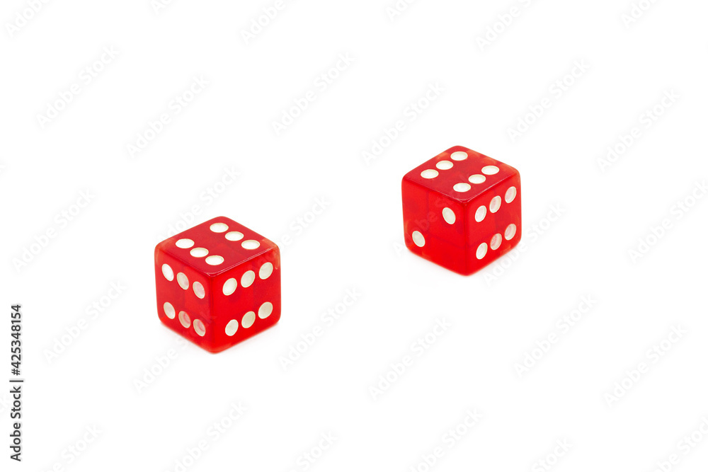 Top view of two red dices on white.