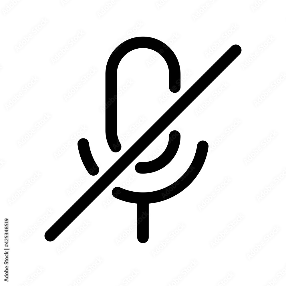 Microphone audio muted thin line icon in black. No mic concept. Mute  Microphone. Trendy isolated symbol flat outline illustration for: sign  logo, app, graphic, design, web, ui, ux. Vector EPS 10. Stock