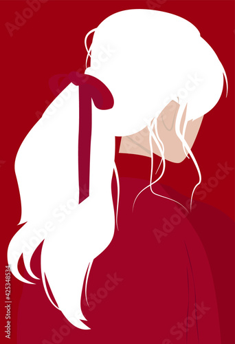 Flat illustration of a girl with white hair in a red jacket. Long hair in a ponytail with a red bow. Contemporary illustration. Design for cards, posters, backgrounds, textiles, templates.