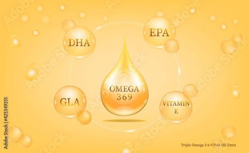 Triple Omega 3 6 9 fish-Oil extra vitamin drop pill capsule. Shining golden essence droplet. Beauty treatment nutrition skin care design. Vector illustration.