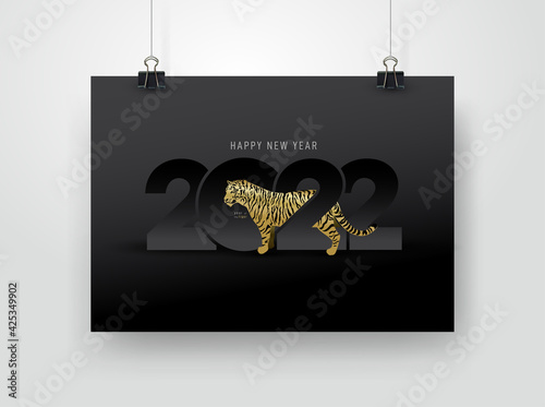 2022 year of the Tiger typography concept design. 2022 New Year icon design template. 2022 Happy New Year text symbols. Chinese zodiac tiger year. Vector illustration. Black poster on white background