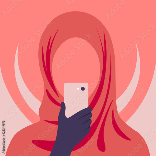 Portrait of a muslim woman without face who looks into her smartphone. The psychological addiction on the phone, the Internet and social networks. Vector flat illustration