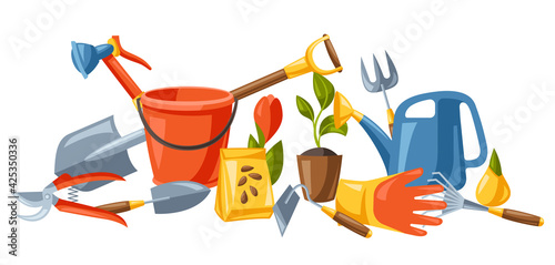 Background with garden tools and equipment. Gardening illustration.