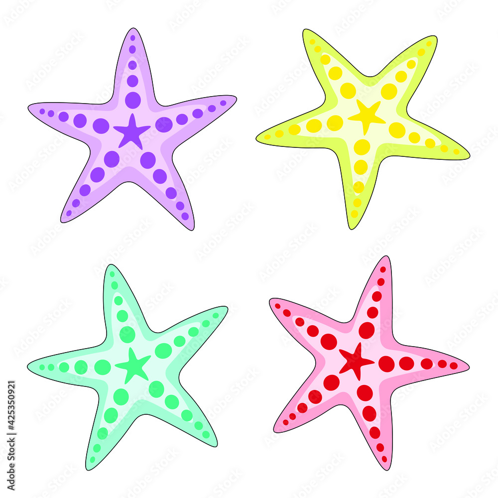 Vector illustration of a set of sea stars. The collection includes blue, purple, red, yellow starfish. Elements are isolated, can be used individually as sticker, logo, icon, background. Vector illustration of a set of sea stars. The collection includes blue, purple, red, yellow starfish. Elements are isolated, can be used individually as sticker, logo, icon, background.