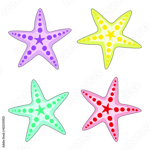 Vector illustration of a set of sea stars. The collection includes blue, purple, red, yellow starfish. Elements are isolated, can be used individually as sticker, logo, icon, background.