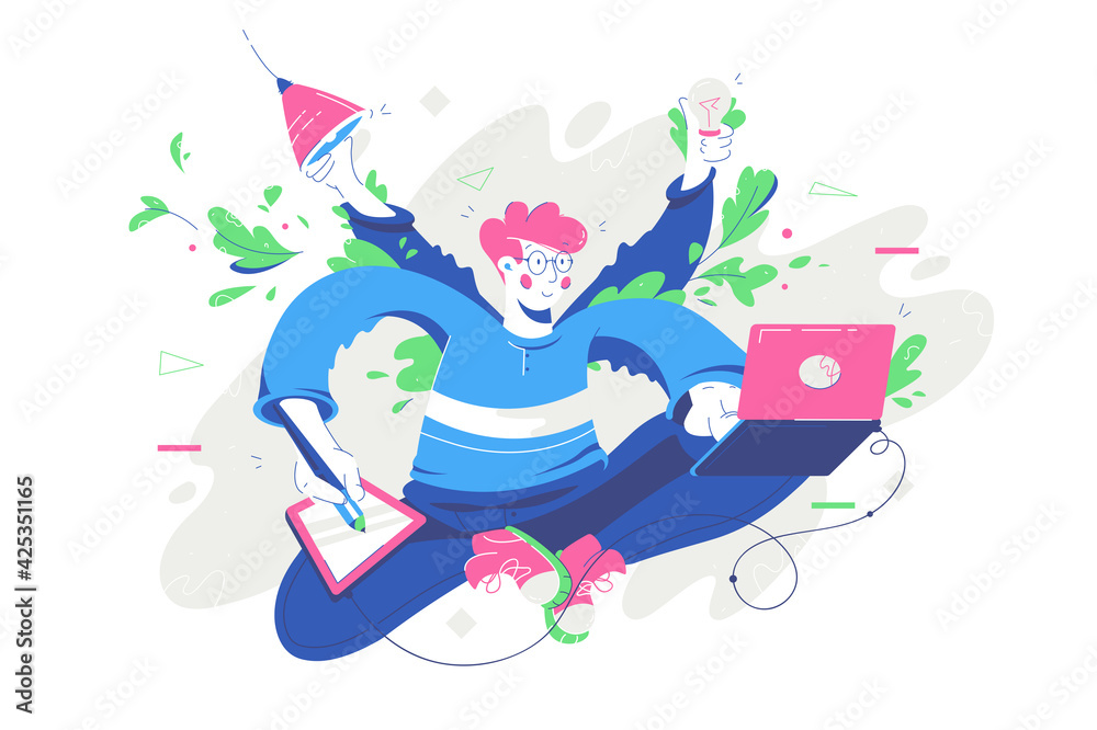 Obraz premium Young smiling man multitasking using modern device and idea.