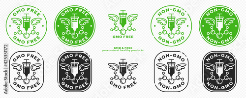 Concept for product packaging. Labeling - GMO-free. Syringe with drug and molecule - gene. Modifying injection of a molecule with wings - a symbol of freedom from modification. Vector set.