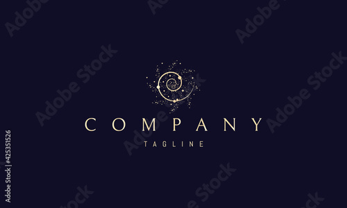 Vector logo on which an abstract image of a galaxy in open space with a spiral inside.
