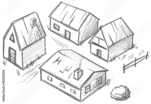 Hand pencil drawn village. Fantasy map creator.