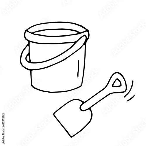 Bucket and scoop. Kids toys. Sandbox. Beach. Spatula. Vector. Doodle. Hand-drawn illustration. Coloring. Black and white outline. Silhouette.