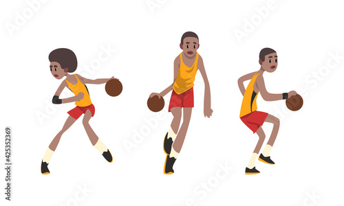 African American Basketball Player Set, Athlete Character in Sports Uniform Running and Jumping with Ball Cartoon Vector Illustration