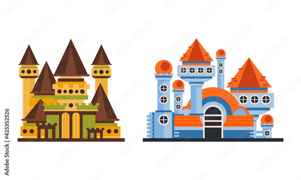 Fairytale Castle Towers Set, Ancient Mansion Facades Cartoon Vector Illustration on White Background Fairytale Castle Towers Set, Ancient Mansion Facades Cartoon Vector Illustration on White Background