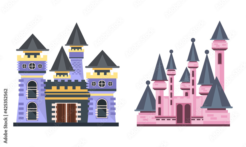Fairytale Princess Castle Towers Set, Colorful Medieval Mansion Facades Cartoon Vector Illustration